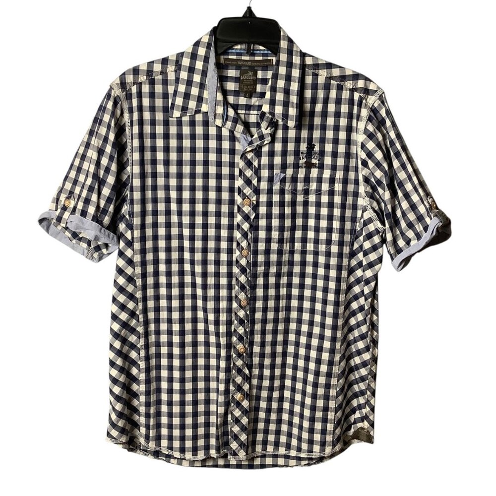 Lion Vanguard‎ Men Large Authentic Blue Checkered Short Sleeve Shirt 100% Cotton